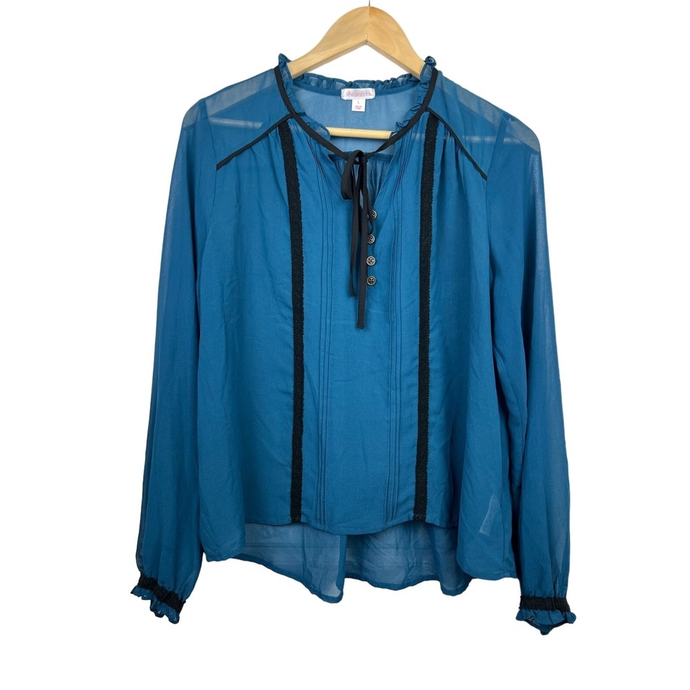 DARK CORPORATE Women Large Blouse Lace Trim Pintuck Ruffle Tie Neck Top GOTH